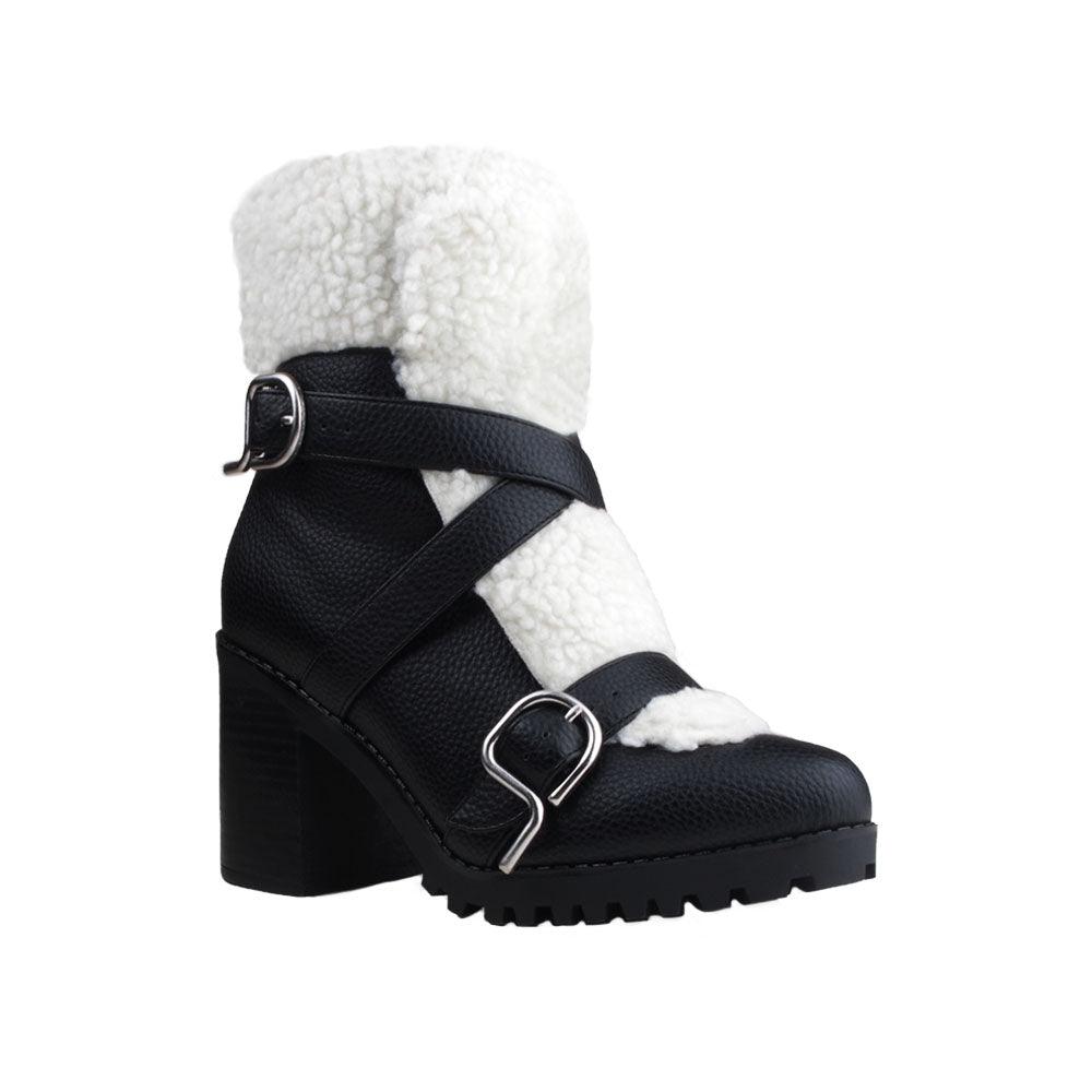 Black colored women booties with black platform and fur top-corner view