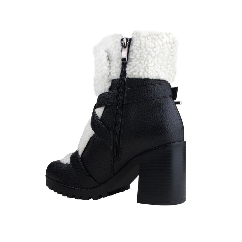 Black colored women booties with black platform and fur top-posterior view