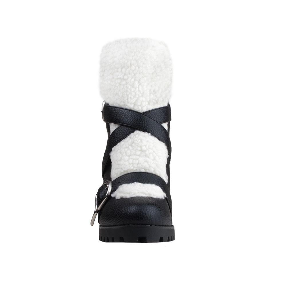 Black colored women booties with black platform and fur top-front view