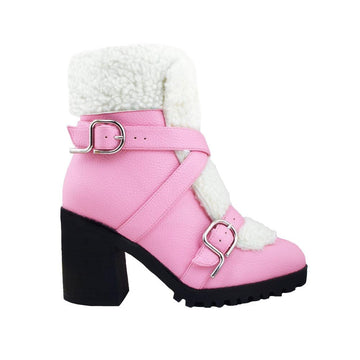 Pink colored women booties with black platform and fur top-side view