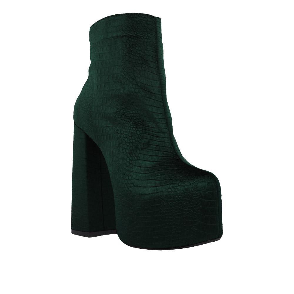 Green textured women booties with block heel-corner view