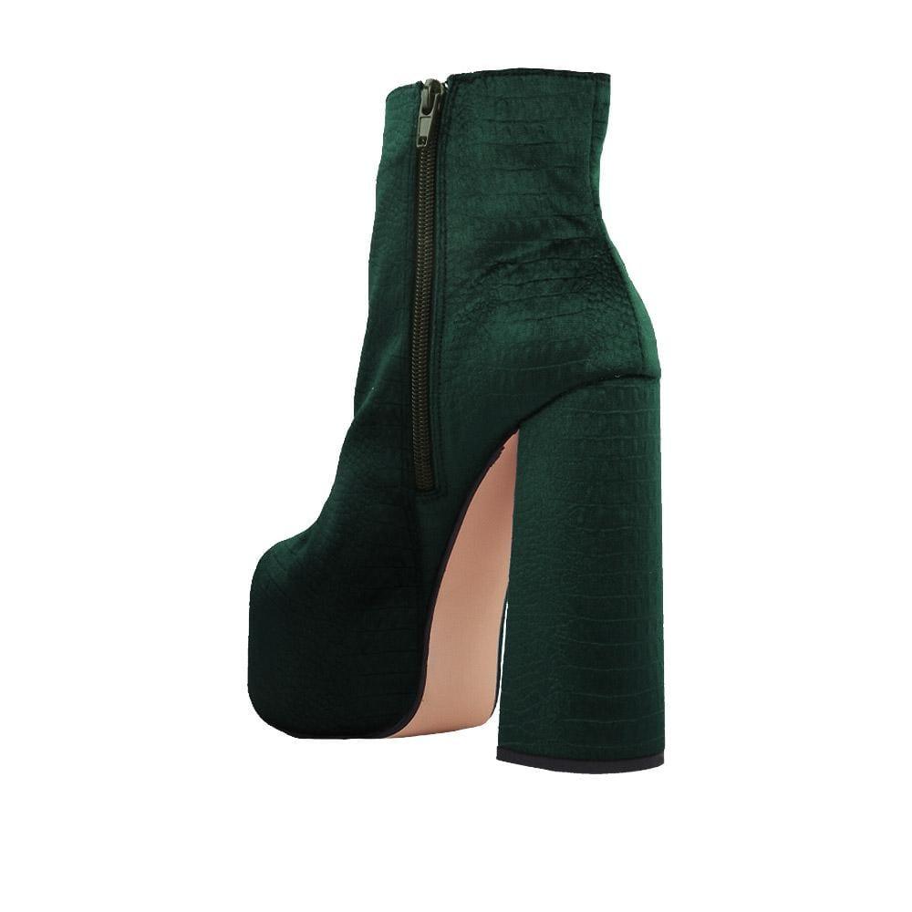 Green textured women booties with block heel-posterior view