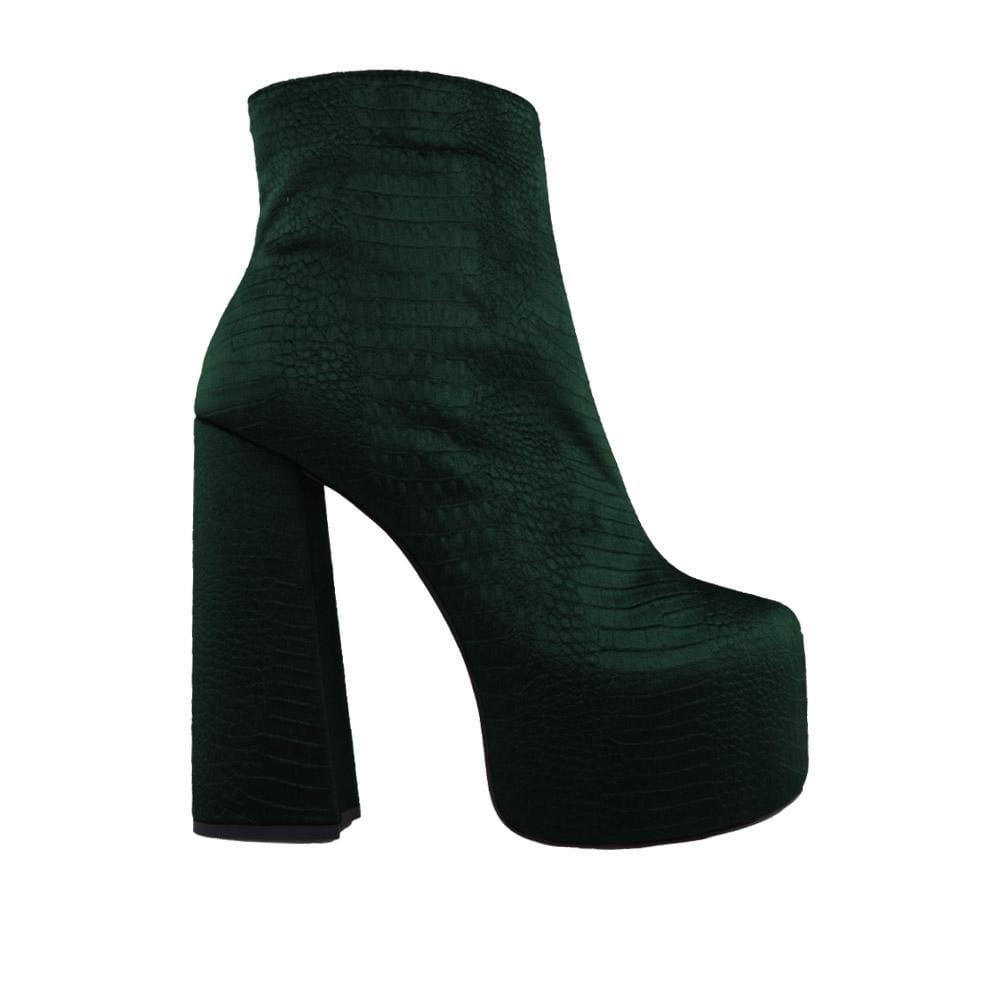 Green textured women booties with block heel-side view