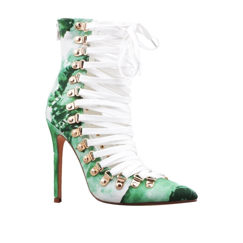 green and white women high heels with white laces-corner view