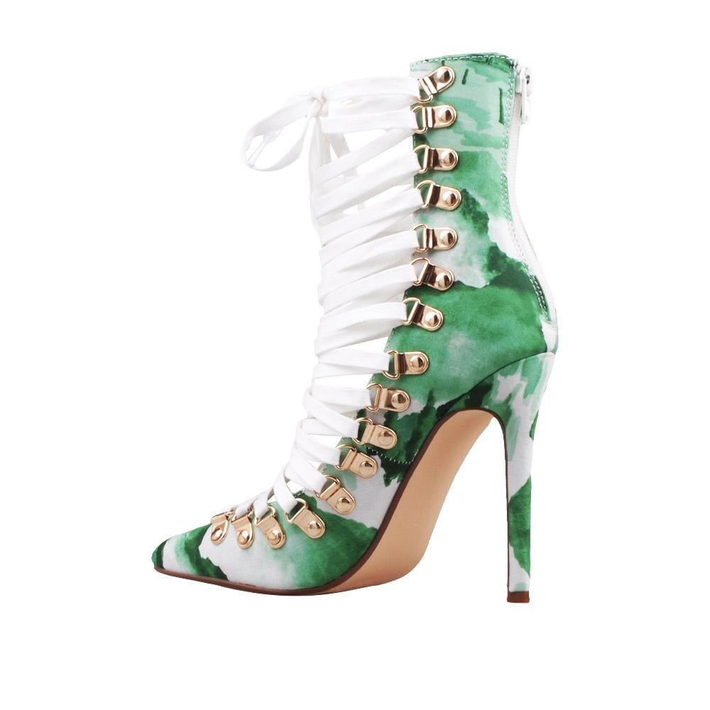 green and white women high heels with white laces-posterior view