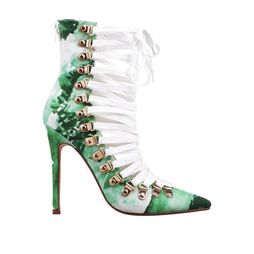 green and white women high heels with white laces-side view