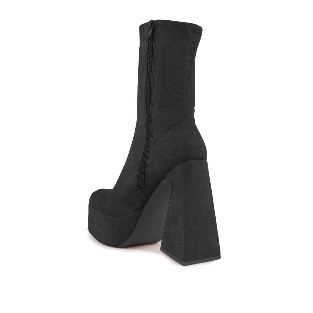 Vegan suede women heels with platform in black-posterior view