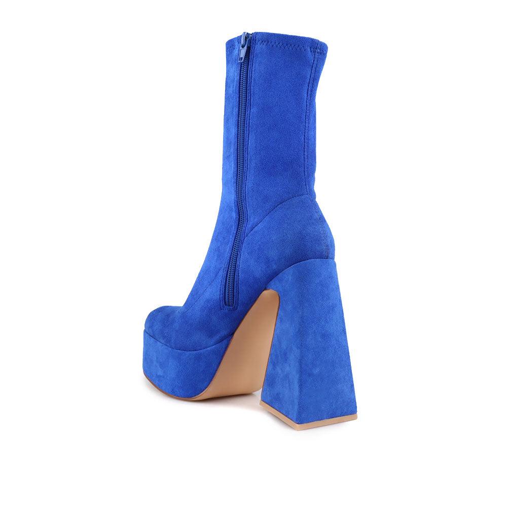 Vegan suede women heels with platform in royal blue-posterior view