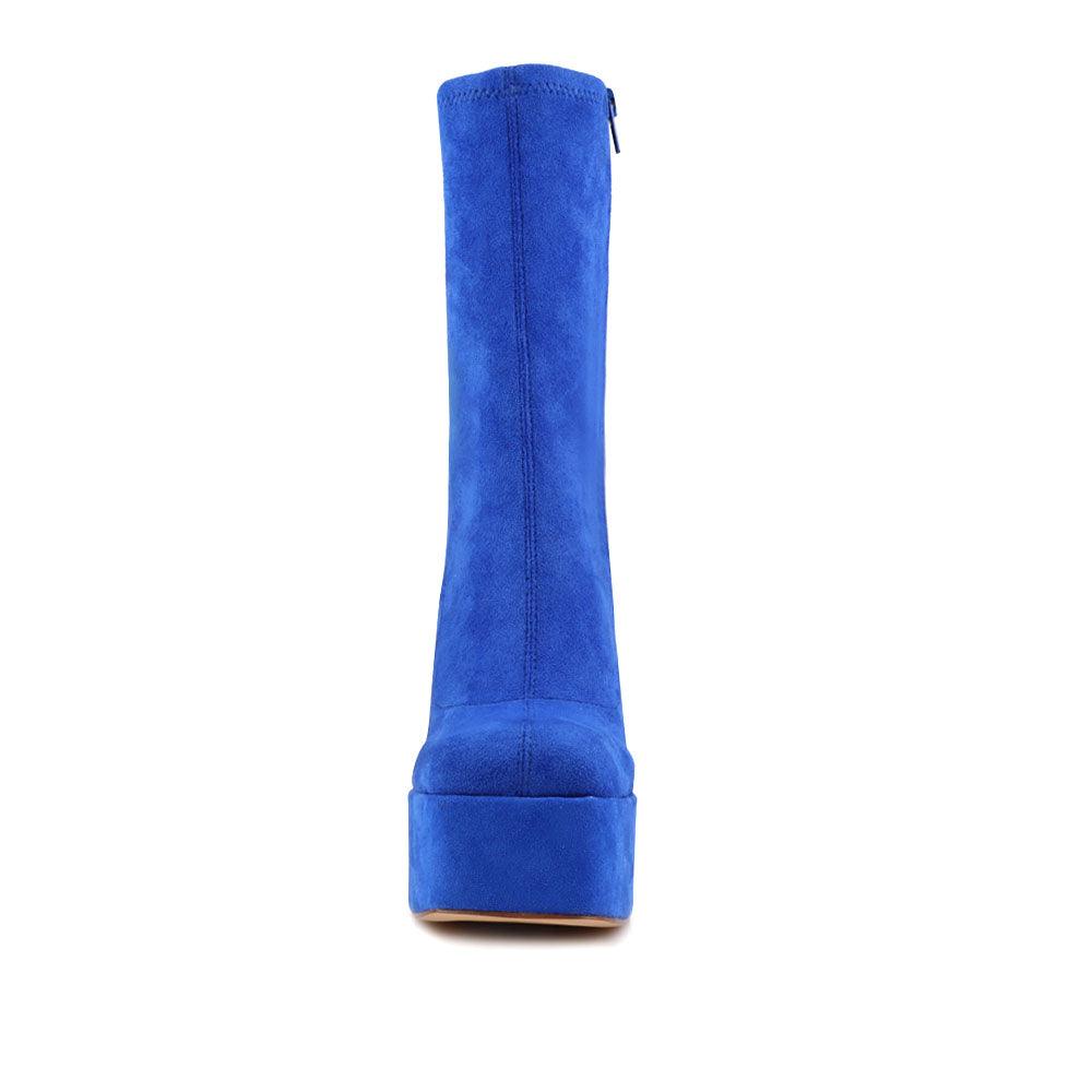 Vegan suede women heels with platform in royal blue-front view