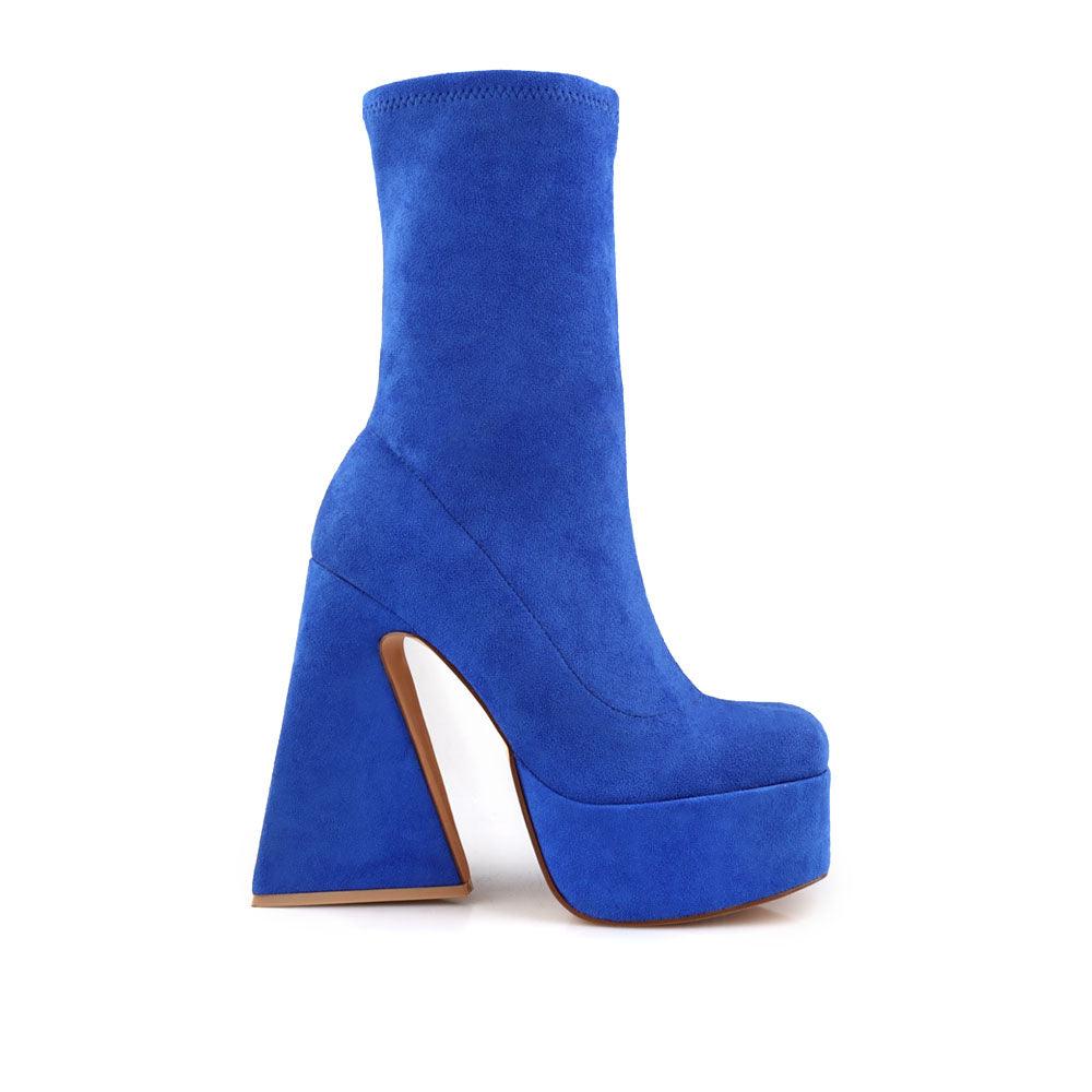 Vegan suede women heels with platform in royal blue-side view