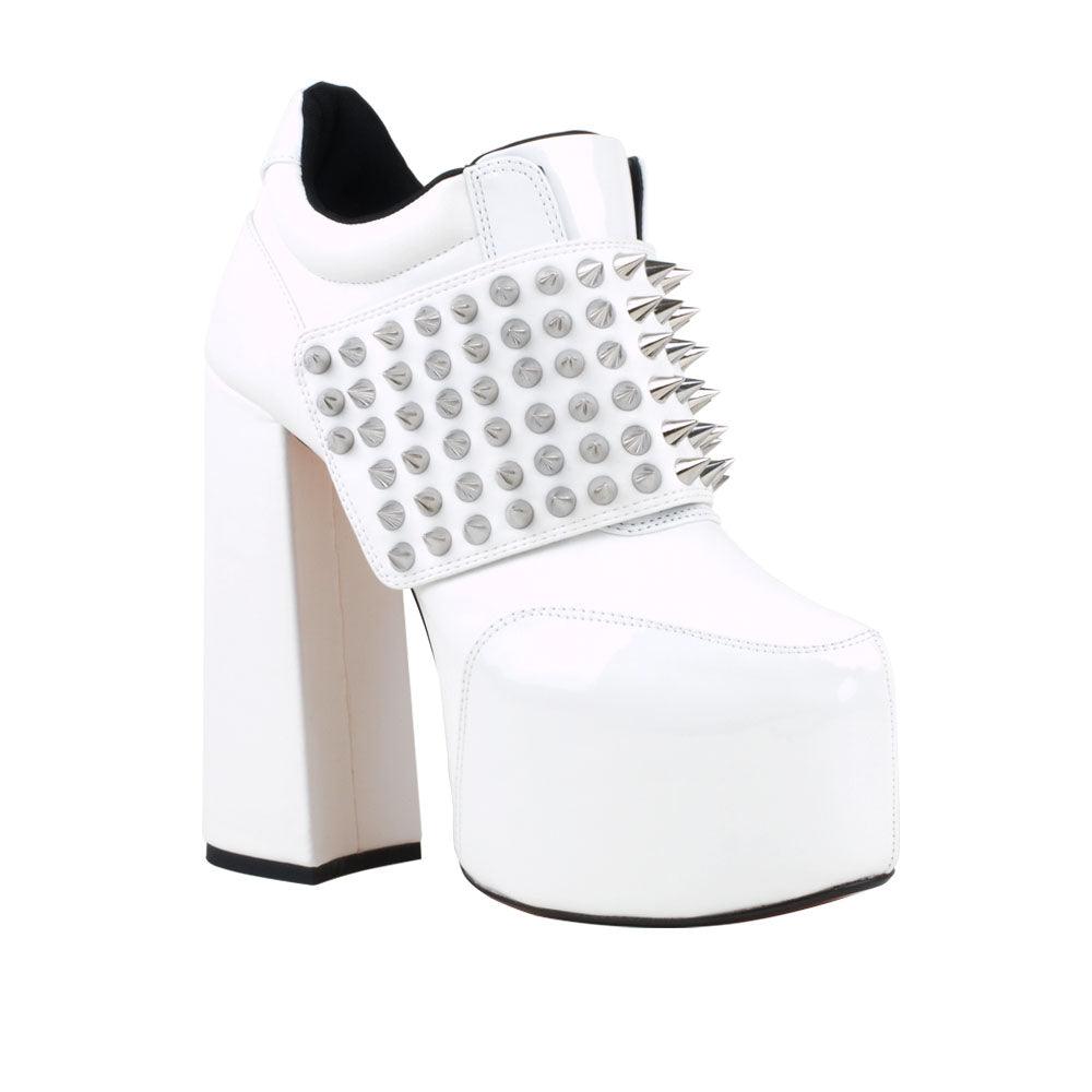 Women ankle bootie platform with studs and chunky heels in white-corner view