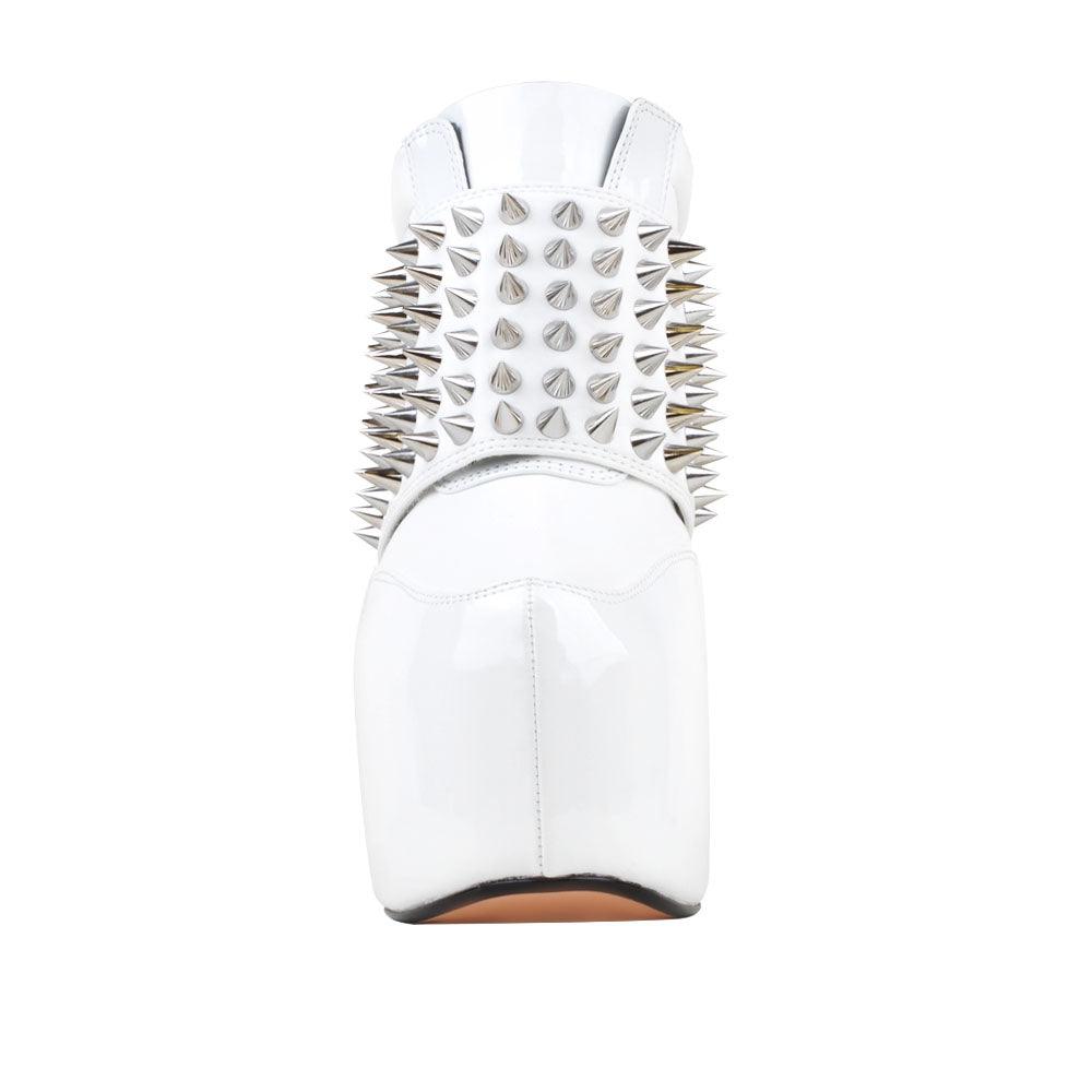 Women ankle bootie platform with studs and chunky heels in white-front view