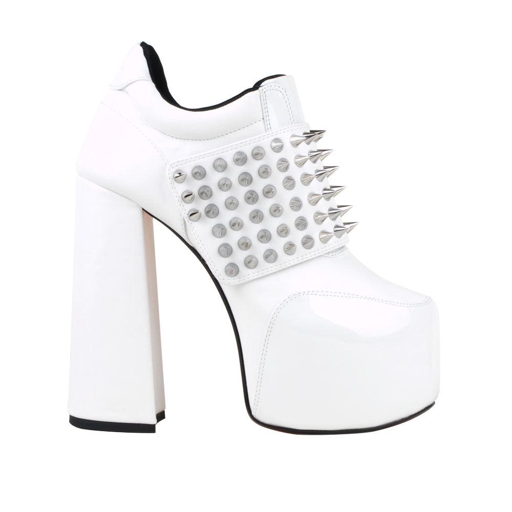 Women ankle bootie platform with studs and chunky heels in white-side view