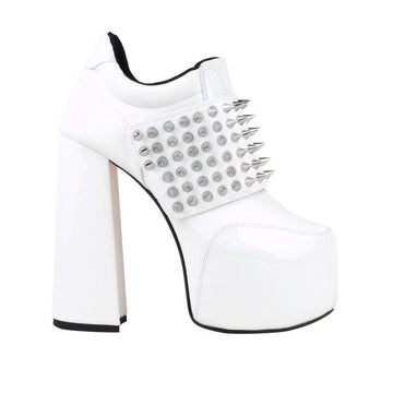 Women ankle bootie platform with studs and chunky heels in white-side view