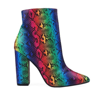 Vegan croc leather upper chunky heel women booties in rainbow snake print