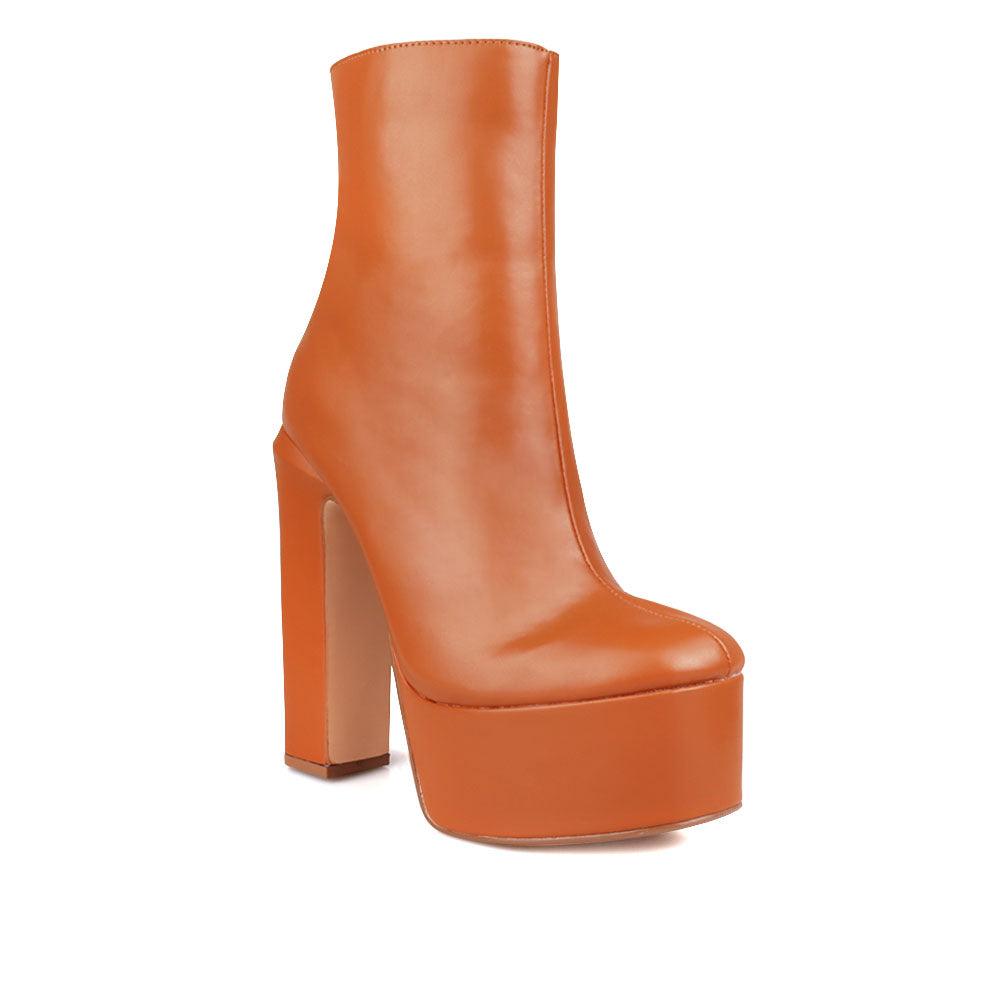 Vegan leather chunky heel women booties in camel-corner view