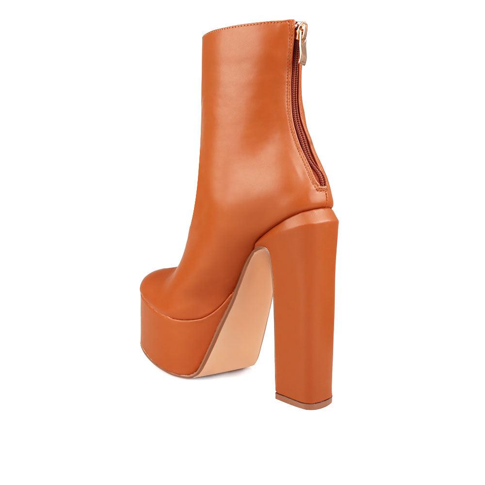 Vegan leather chunky heel women booties in camel-posterior view