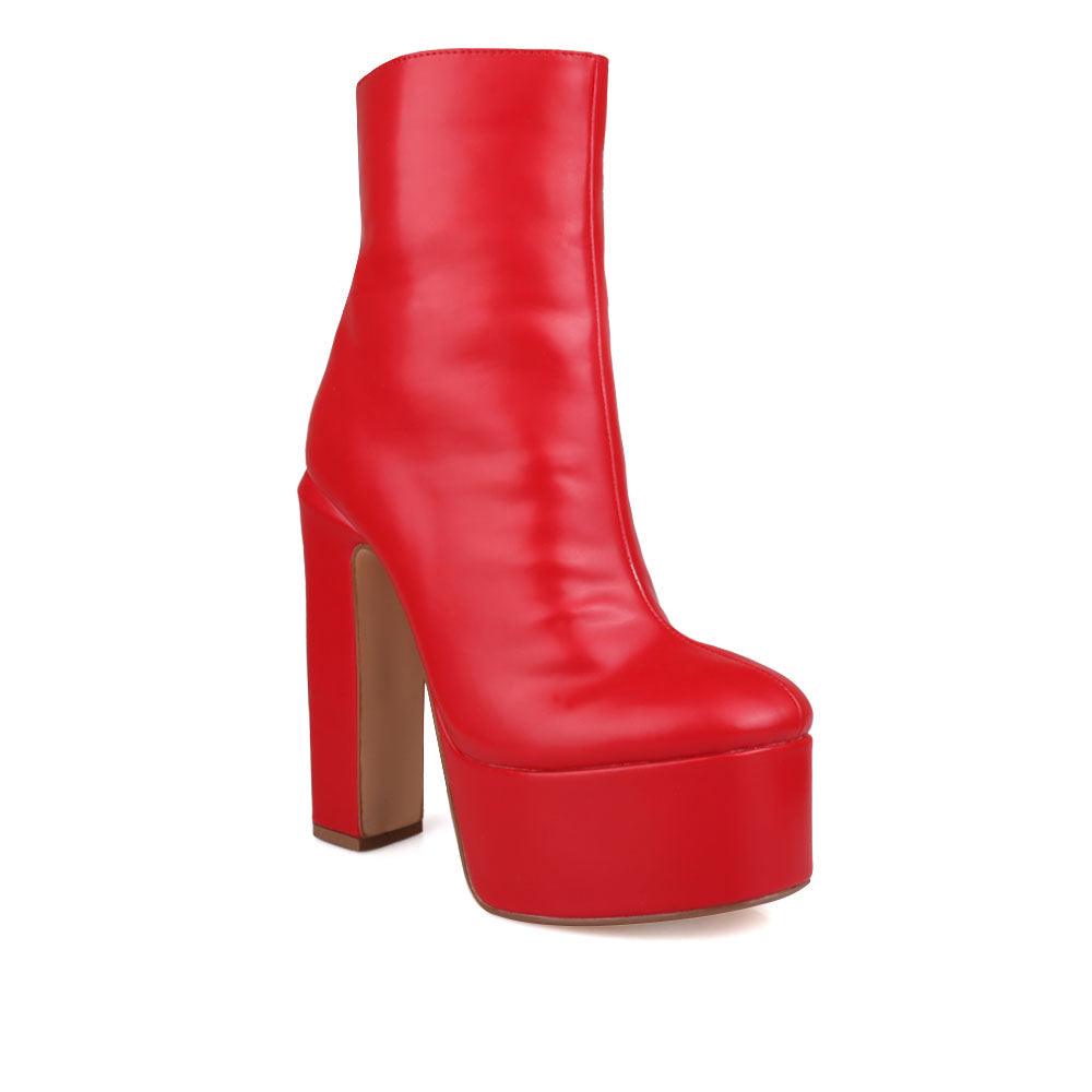 Vegan leather chunky heel women booties in red-corner view