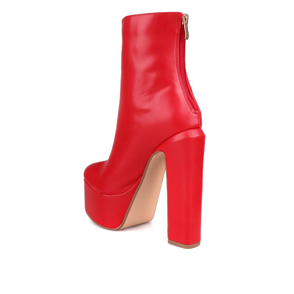 Vegan leather chunky heel women booties in red-posterior view