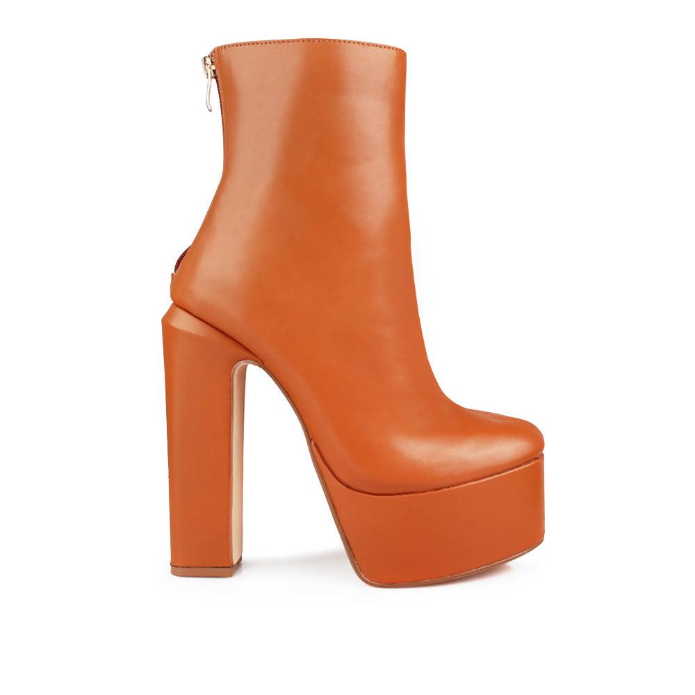 Vegan leather chunky heel women booties in camel-side view