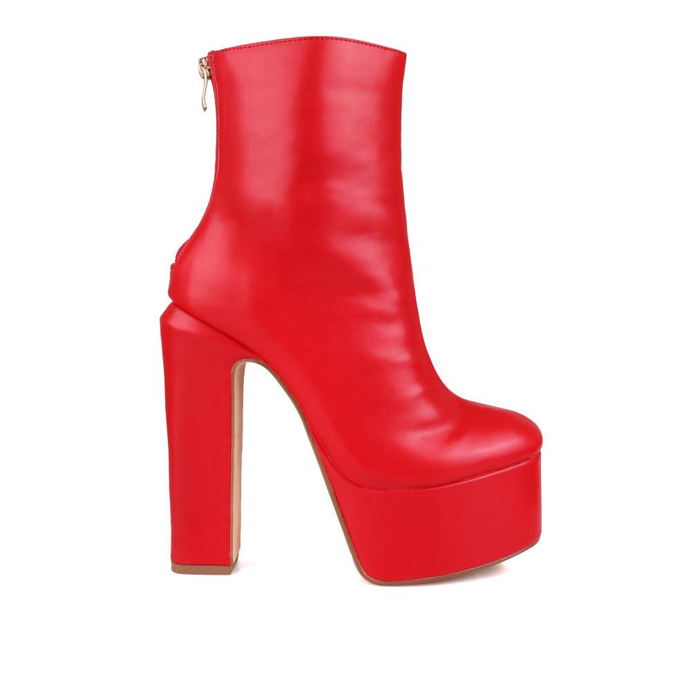 Vegan leather chunky heel women booties in red-side view