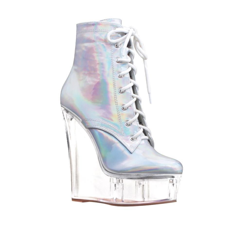 Vegan leather women transparent platform heels with laces in silver-corner view