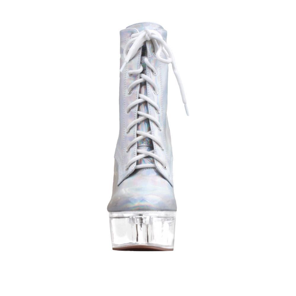 Vegan leather women transparent platform heels with laces in silver-front view