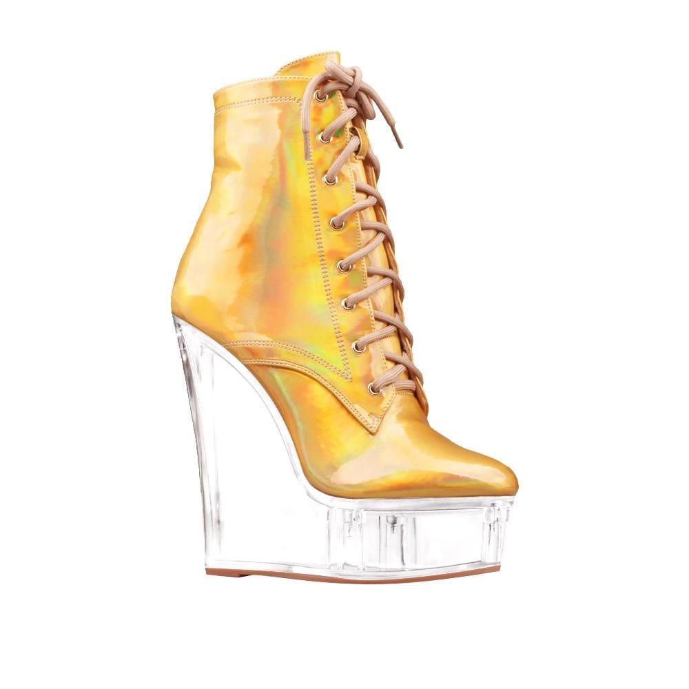 Vegan leather women transparent platform heels with laces in gold-corner view