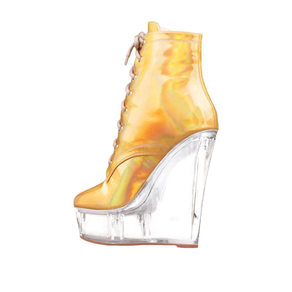 Vegan leather women transparent platform heels with laces in gold-posterior view