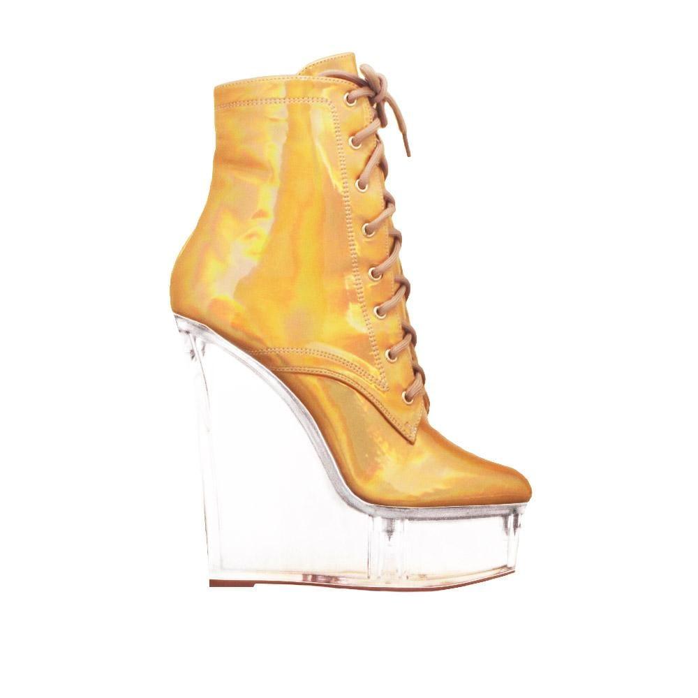 Vegan leather women transparent platform heels with laces in gold-side view