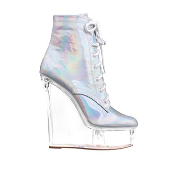 Vegan leather women transparent platform heels with laces in silver-side view