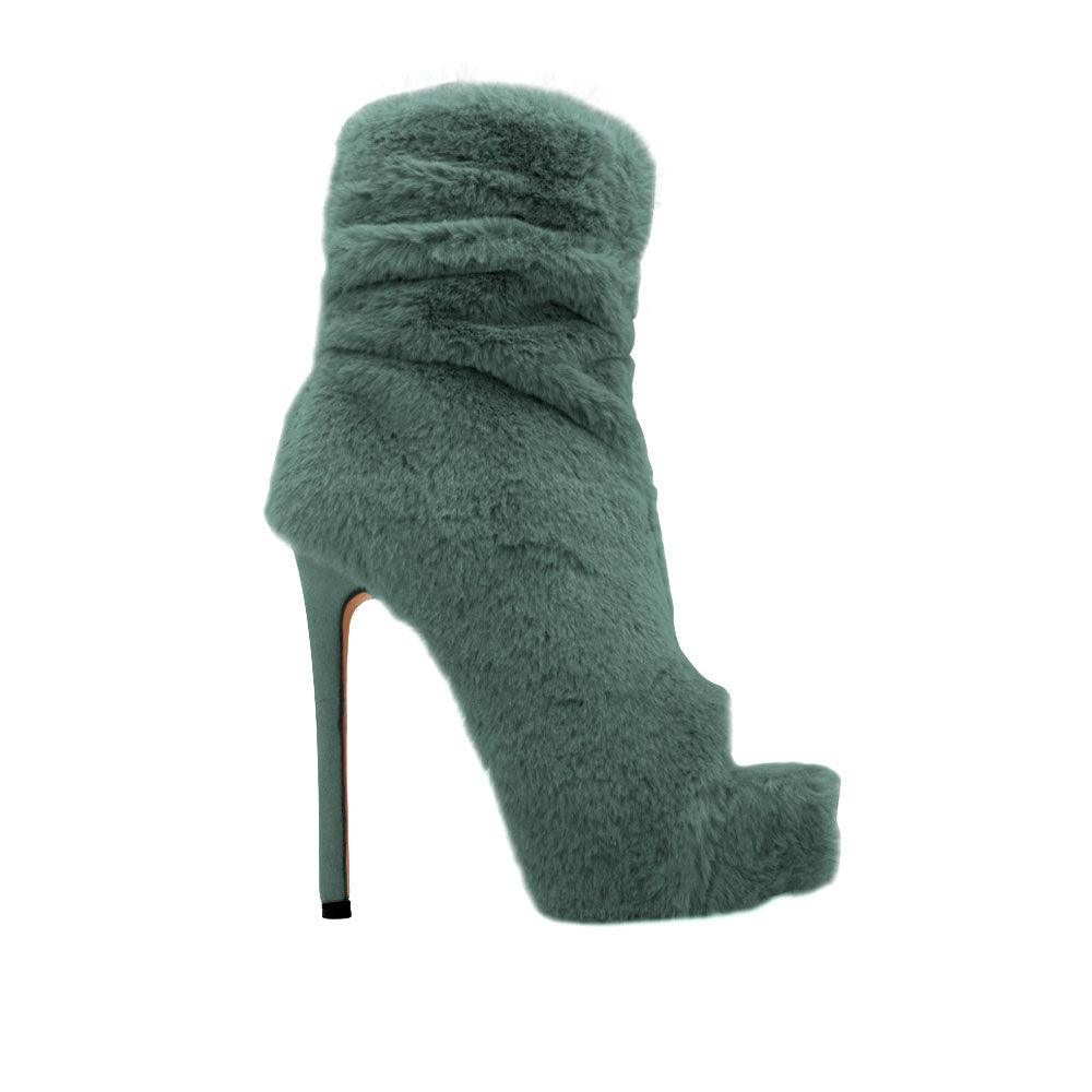 Dark teal shearling ankle boot heels with an open toe and back zipper clasp.