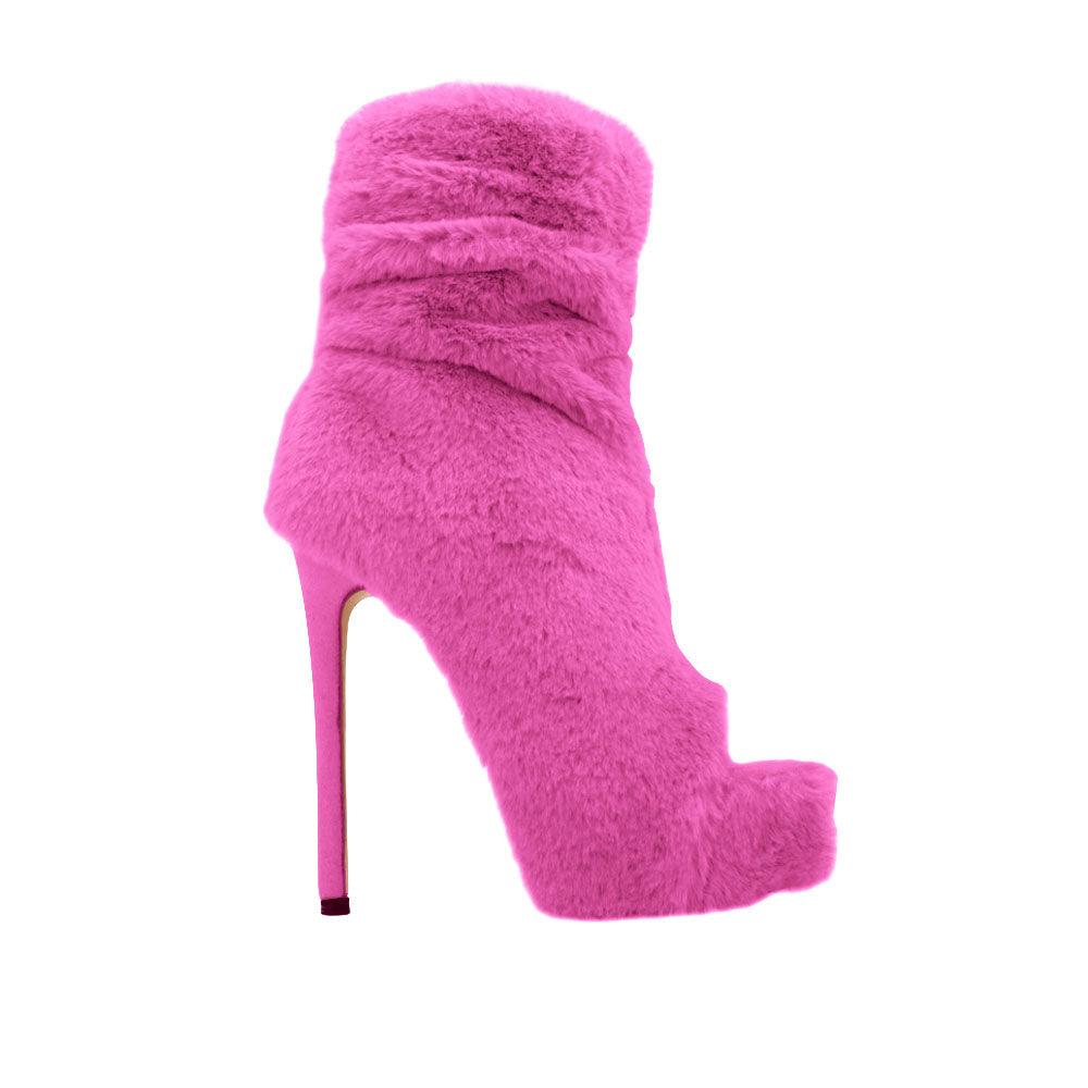 Fuchsia shearling ankle high boot heels with an open toe and zipper fastening at the back