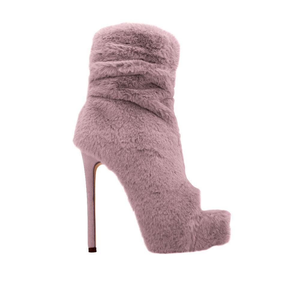 Mauve colored shearling ankle high boot heels with open toe and back zipper closure