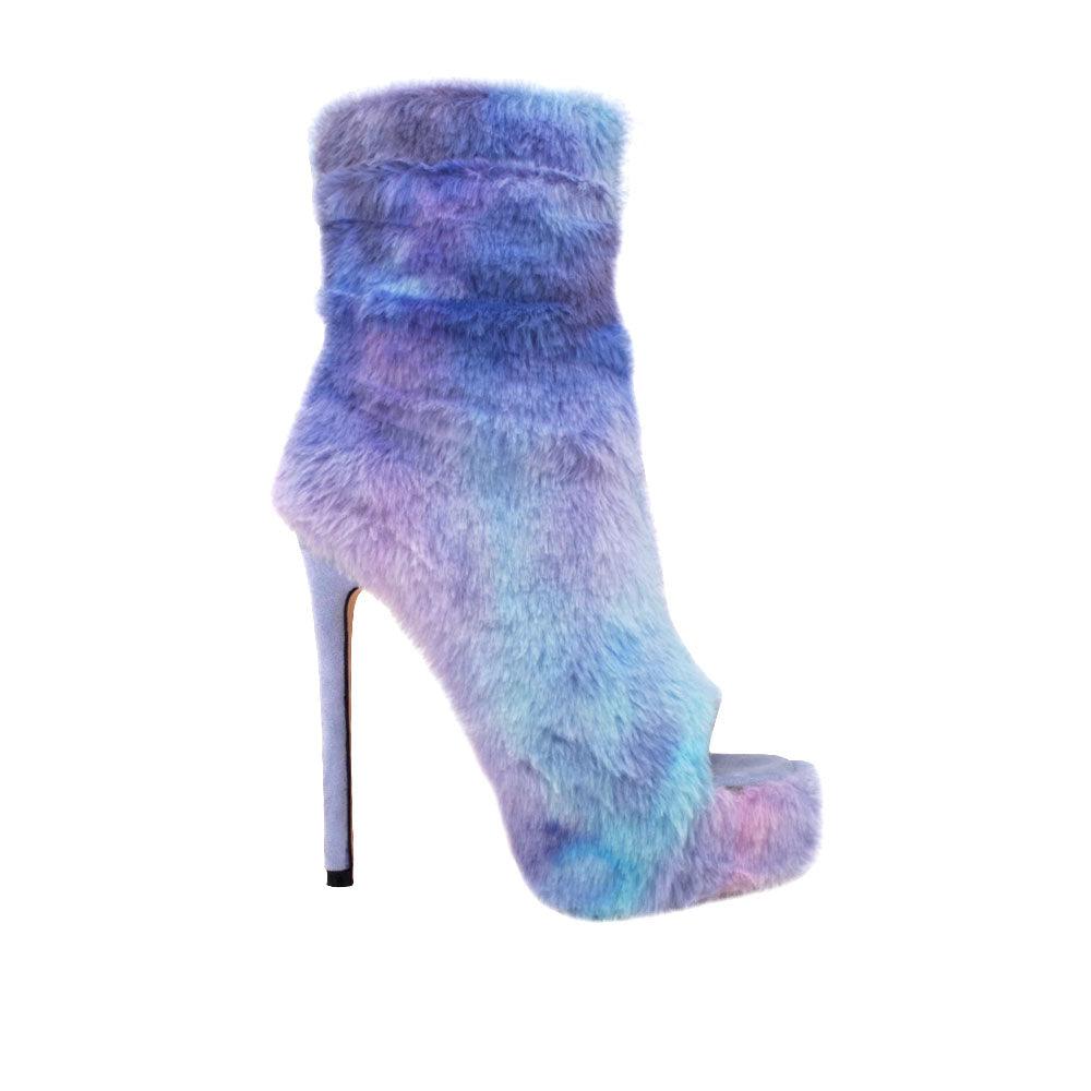 Multi-colored shearling ankle boot heels with an open toe and back zipper closure