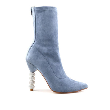 Denim blue colored ankle high boot with beaded heels and back zipper clasp