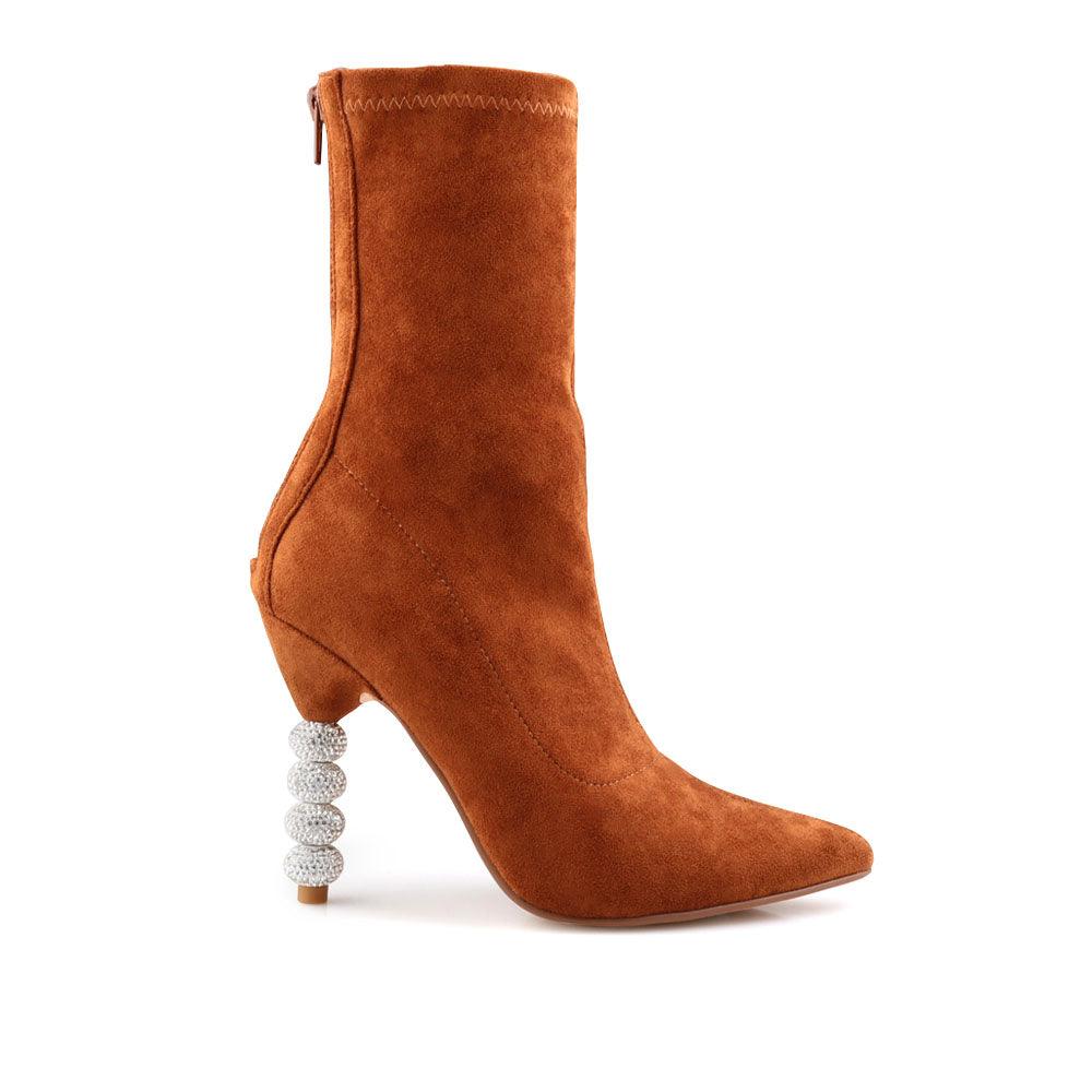 Ankle high boot in Tan with beaded heels and zip fastening at the back.