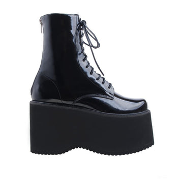 Black colored platform boots with lace up design and back zipper closure