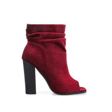 Wine red ankle boot with black colored block heels and open toe