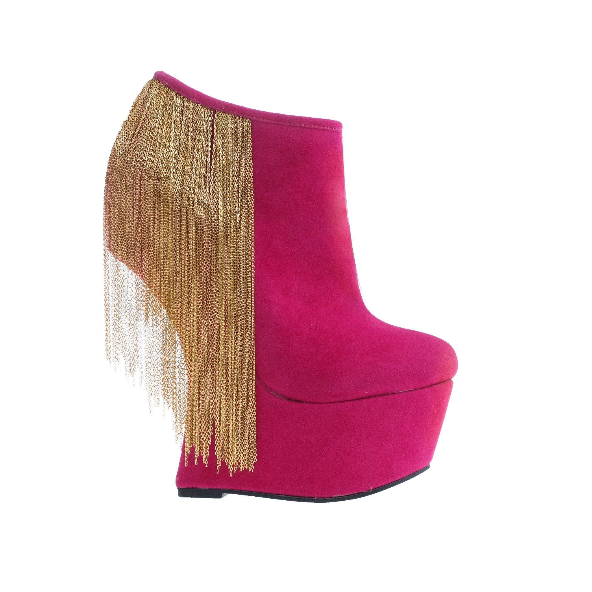 Fuchsia colored platform heelless boots with golden chain dangling design  