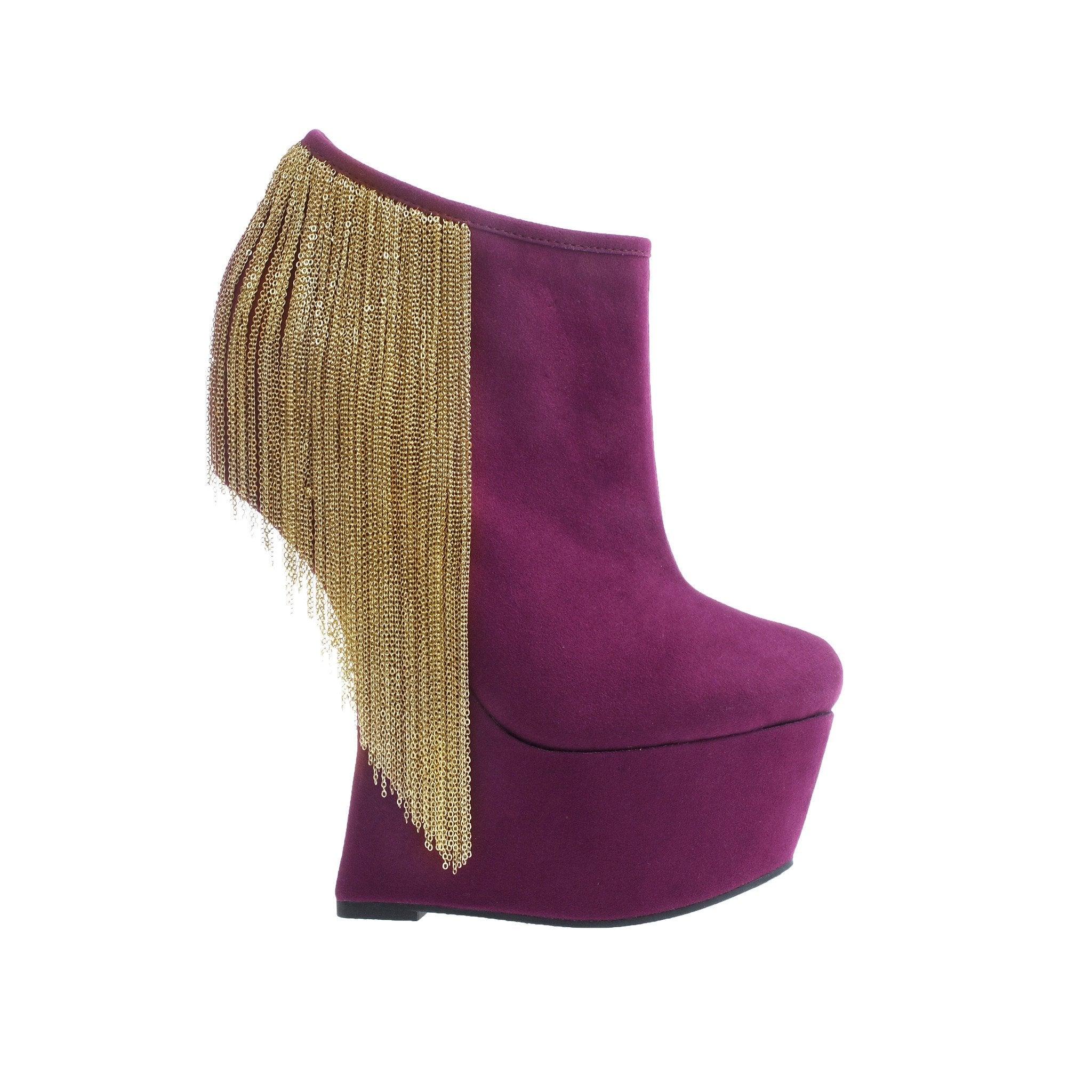 Purple platform heelless boots with gold chain hanging design