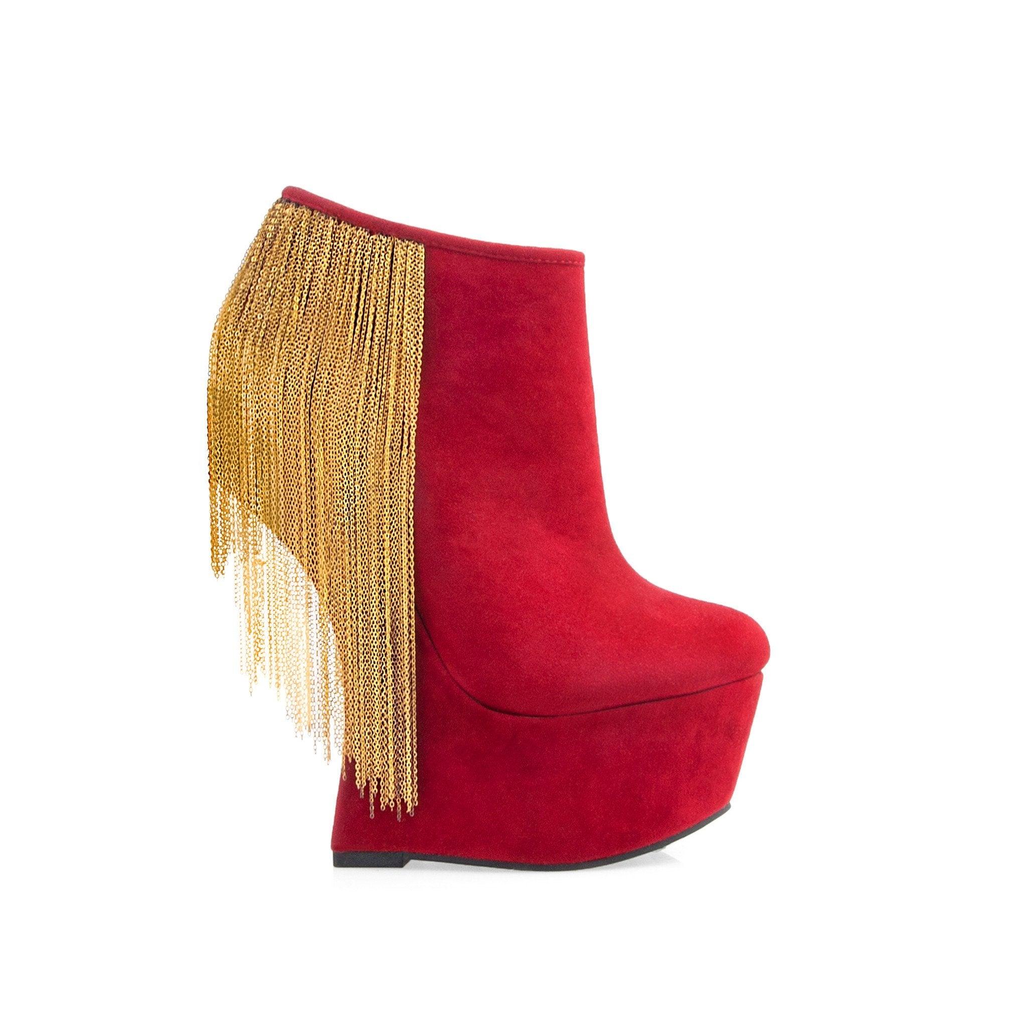 Red platform heelless shoes with gold chain hanging design