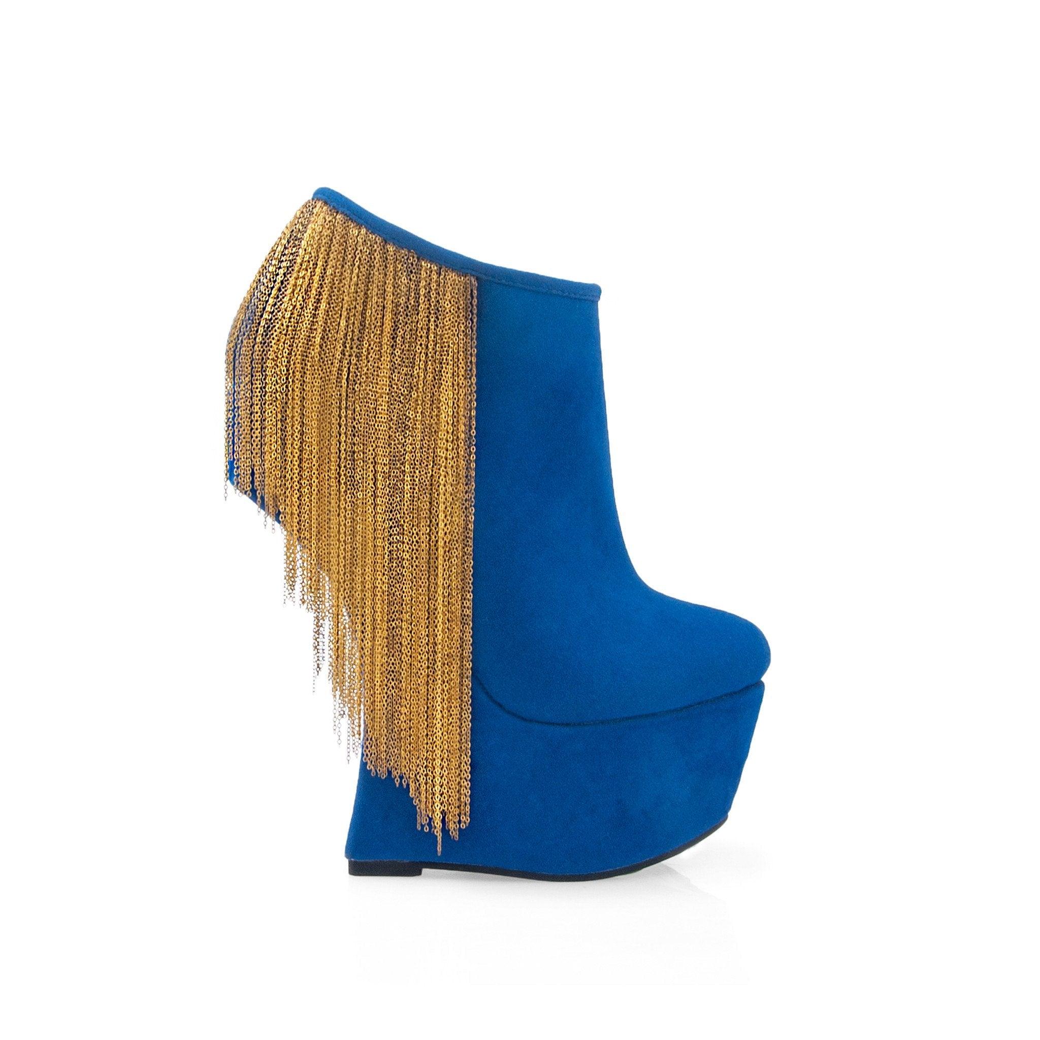 Blue colored platform heels with a gold chain dangling design