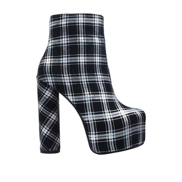 Black silver pattern boots with block heels and side zipper clasp