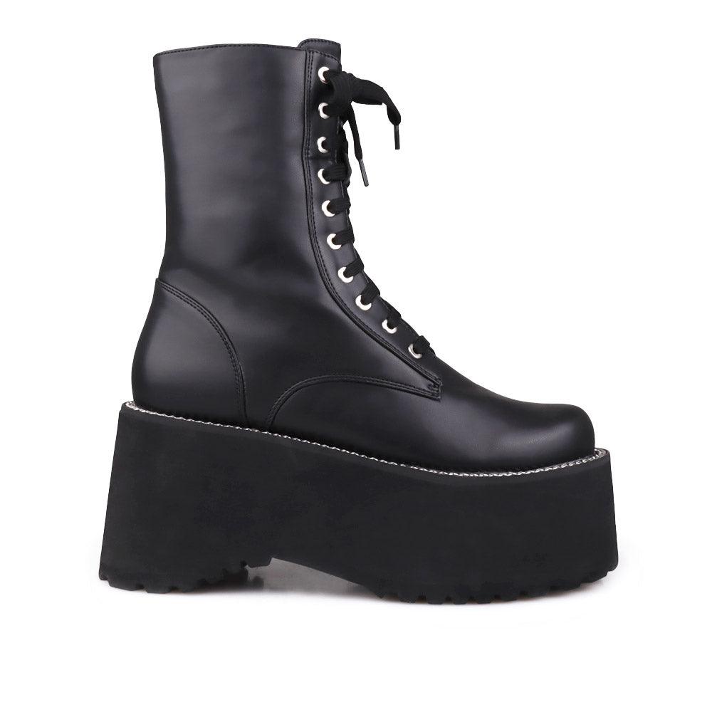 Black colored platform boots with lace up design and side zipper clasp