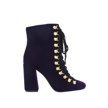 Purple colored ankle high boots with block heels, lace up design and side zipper closure