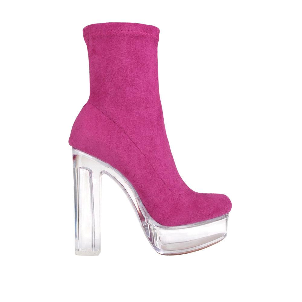 Fuchsia platform boots with translucent block heels and side zipper clasp