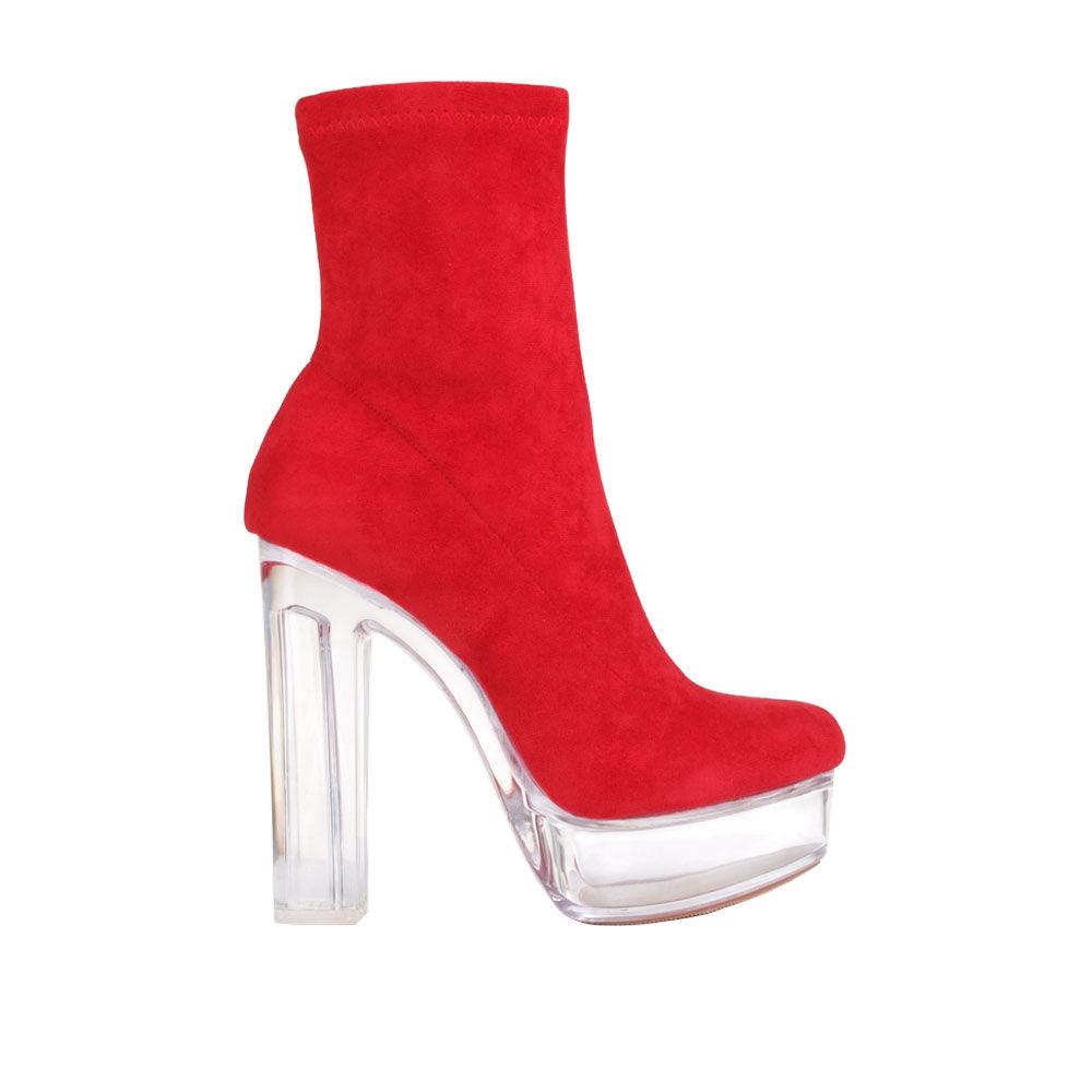 Red colored platform boots with translucent block heels and side zipper clasp