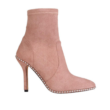 Ankle high boot with stiletto heel, gem embellished side, pointed toe and side zipper clasp in nude color