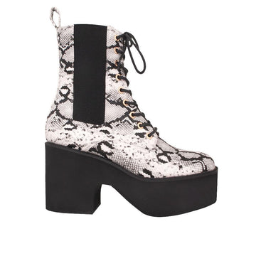 Black white snake patterned platform boots with lace-up front and slip on design